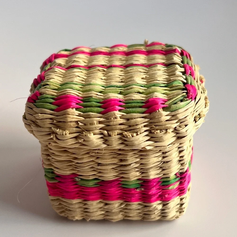 Vintage Miniature Woven Straw Trinket Baskets Set of 2 Boho Folk Art Boxes